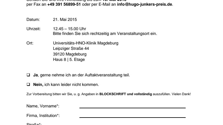 Anmeldung Auftakt Hugo-Junkers-Preis 2015