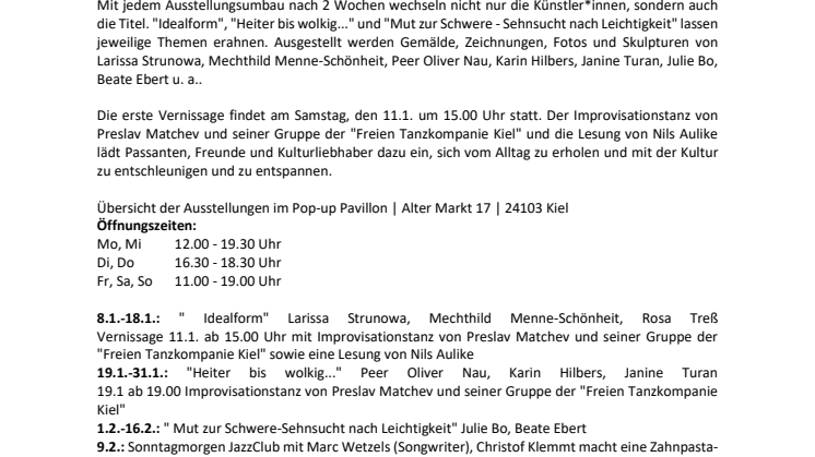 Auftakt 2020 im Pop-up Pavillon Kiel mit Kunst und Kultur