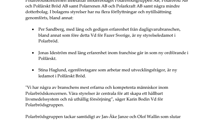 Polarbrödsgruppens bolagsstyrelser tillsatta