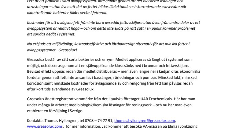 Greasolux: Miljövänlig fettlösning i avloppssystem introduceras i Sverige.