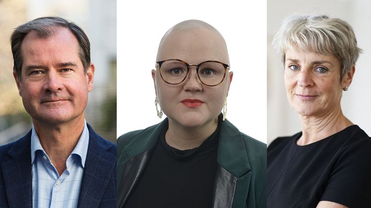 Mårten Lilja, vice vd Riksbyggen, Emma Hult (MP), ordförande i civilutskottet och Johanna Cerwall, vd för Skandiabanken.