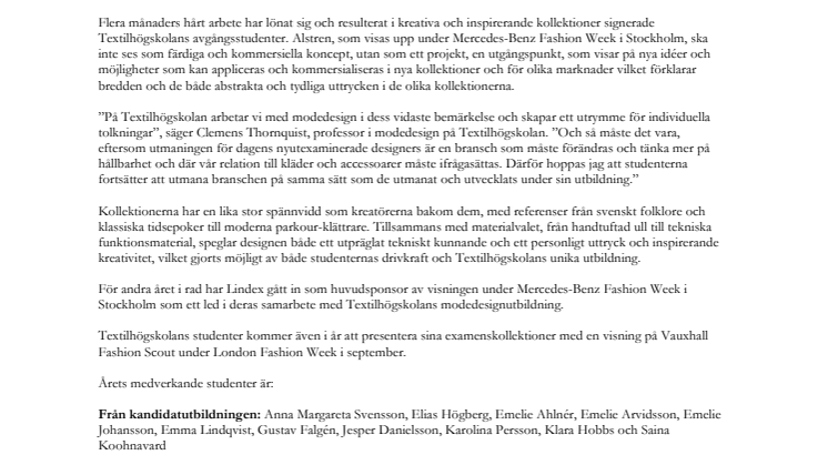 Textilhögskolan inspirerar och utmanar på Mercedes-Benz Fashion Week