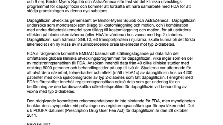 FDA:s rådgivande kommitté har avgett rekommendation om dapagliflozin