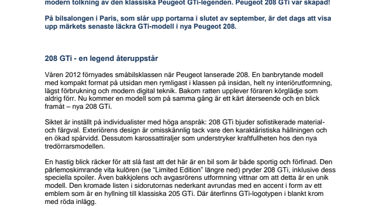 Peugeot på bilsalongen i Paris: Världspremiär för legenden Peugeot 208 GTi på Parissalongen