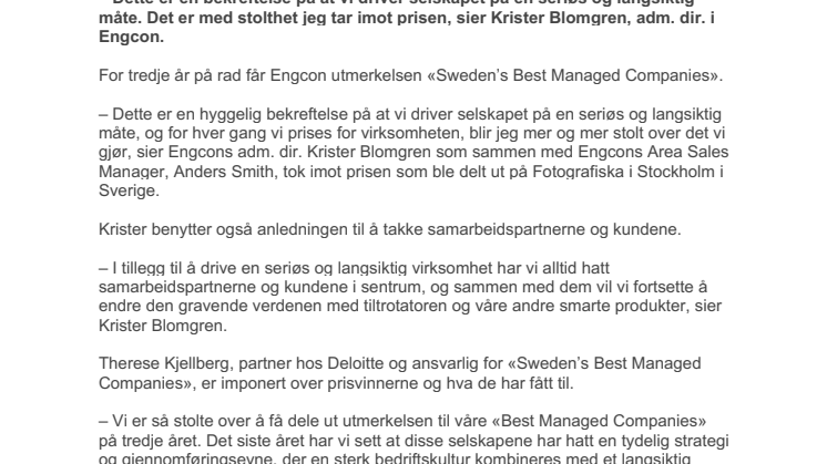 300921_Press_Engcon får pris som et av Sveriges best drevne selskaper for tredje år på rad