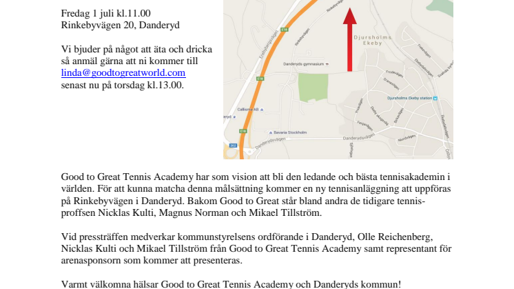 Good to Great Tennis Academy presenterar planerna för en ny tennisanläggning i Danderyd