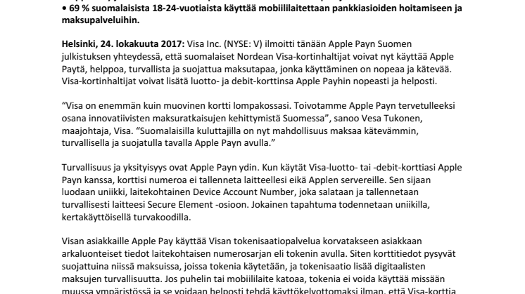 Suomalaiset Nordean Visa-kortinhaltijat voivat nyt käyttää Apple Paytä