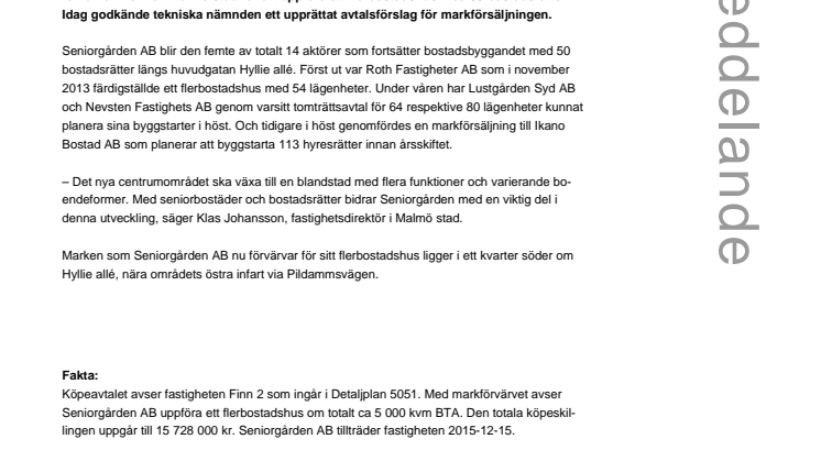 Markförsäljning ger seniorboenden i Hyllie
