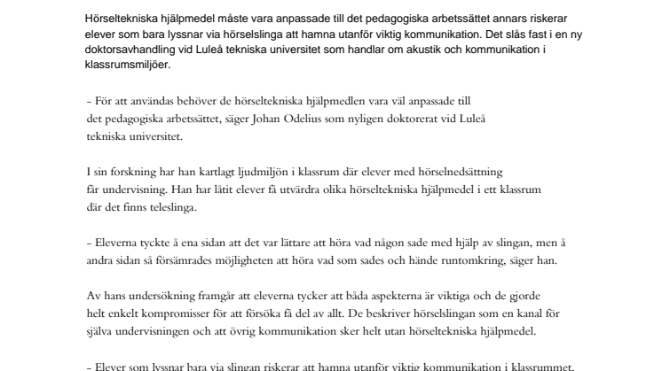 Akustik i klassrum knepigt för elever med nedsatt hörsel