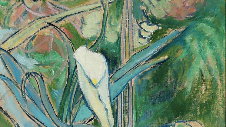 Christine Swane- Opstilling med blomster. Sign. CSw. Betegnet på blændrammen; C. Swane. Fra et drivhus 1932. Olie på lærred. 63 x 48.