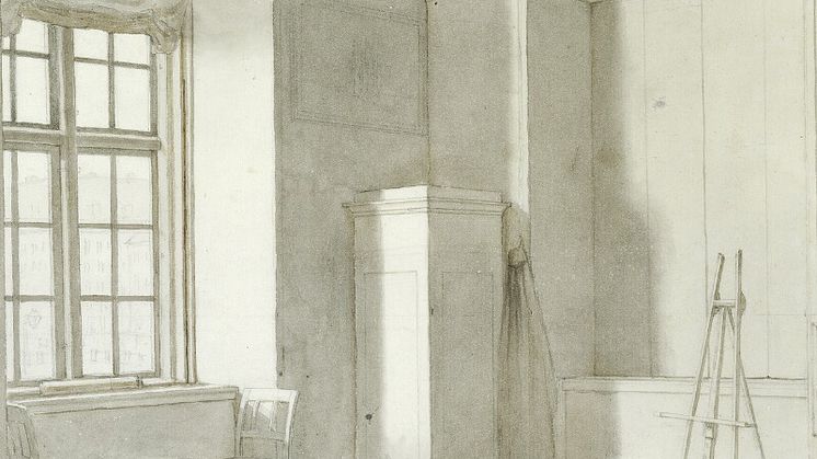 Hjørne af Eckersbergs atelier på Charlottenborg. Ca. 1848. Usigneret. Pen og tuschlavering på papir. Bladstørrelse 25 x 26. Hammerslag 620.000 kr.