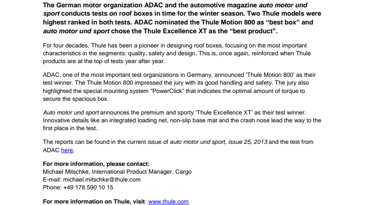 Thule Motion 800 and Thule Excellence XT are Once Again Highest Ranked in Major German Roof Box Tests 