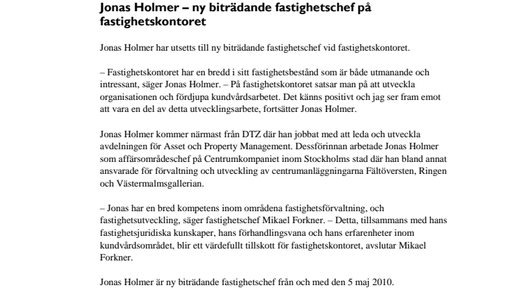 Jonas Holmer – ny biträdande fastighetschef på fastighetskontoret i Stockholms stad