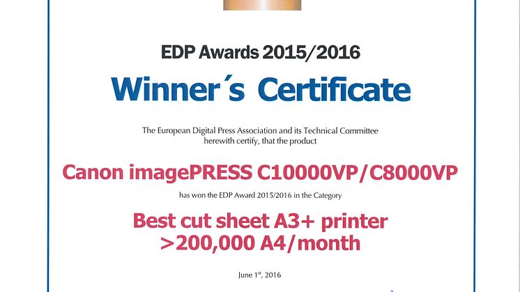 Det synlige beviset på at canon imagePRESS C10000VP vant en edp pris under Drupa 2016