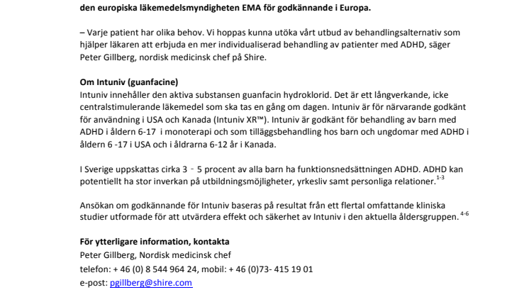 Shire ansöker om godkännande för Intuniv (guanfacin hydroklorid)  – en ny behandling för barn med ADHD 