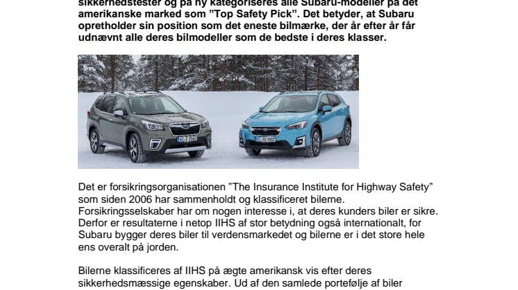 Subaru fremstiller verdens sikreste biler