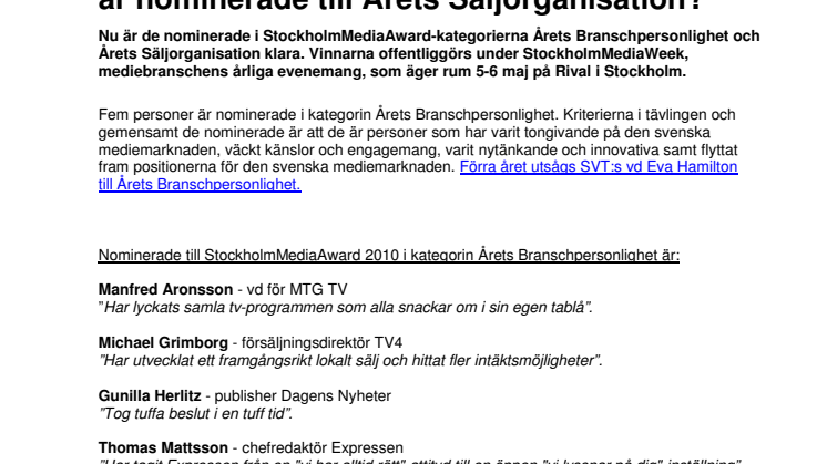StockholmMediaAward 2010: Vem blir Årets Branschpersonlighet och vilka är nominerade till Årets Säljorganisation? 