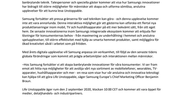 Samsung tillkännager den virtuella upplevelsen ‘Life Unstoppable’ 