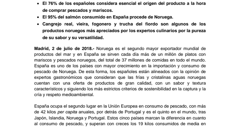 En España se sirven más de un millón de comidas diarias con mariscos y pescados noruegos