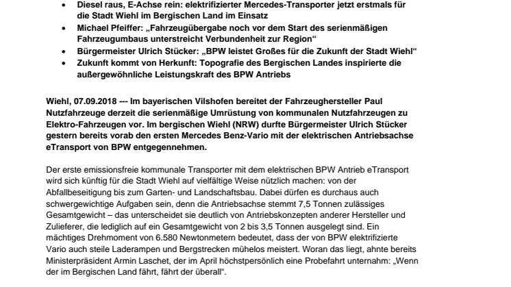 Wiehl nimmt als erste Stadt Deutschlands einen elektrisch umgerüsteten Transporter mit Antriebsachse von BPW in Betrieb