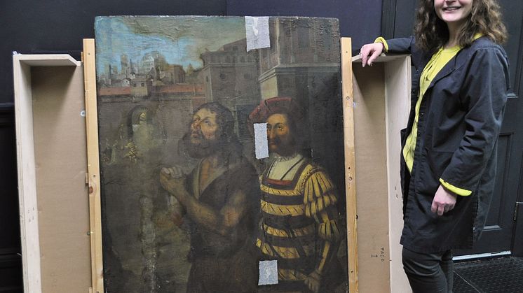 Nicky Grimaldi pictured with The Bowes Museum panel painting 2 (photo credit Northumbria University)