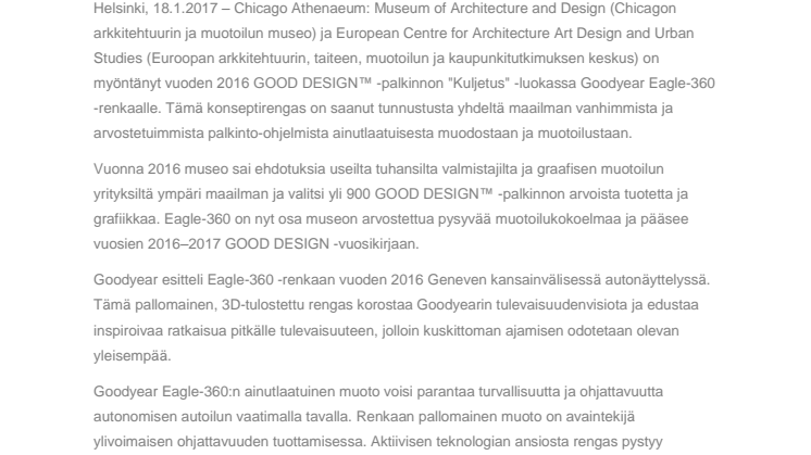 Goodyear Eagle-360 voitti arvostetun muotoilupalkinnon