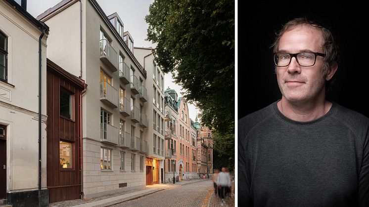 Pontus Tebäck på FOJAB tilldelas Lunds stadsbyggnadspris 2023 för flerbostadshuset på Stora Algatan 6 i Lund. Foto: Markus Linderoth/Andrea Papini