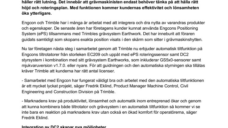 Engcon tiltar nu automatiskt med Trimble – ger ökad effektivitet