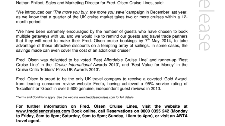 Save up to 30% on Fred. Olsen cruises with ‘The more you buy, the more you save’ campaign