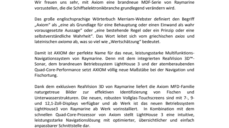Raymarine: Vorstellung der Axiom™-Multifunktionsdisplays mit RealVision 3D™-Sonar und LightHouse 3
