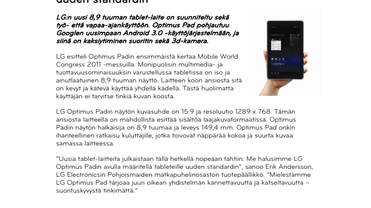 MWC: LG:n Optimus Pad asettaa tableteille uuden standardin 