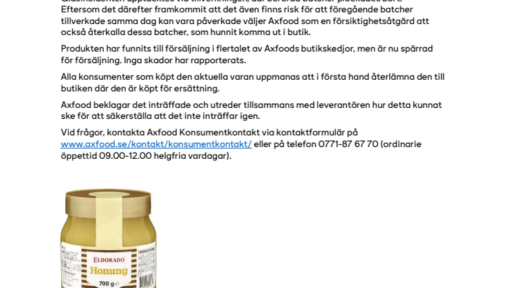Axfood återkallar Eldorado Honung 700g pga risk för glasbitar.pdf