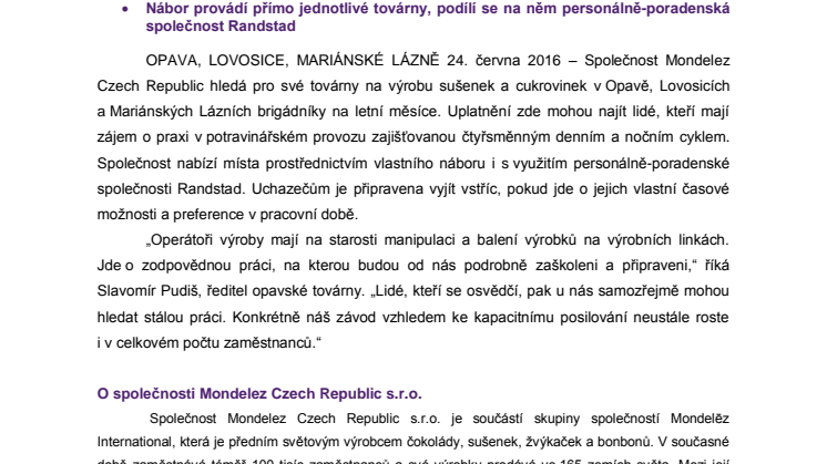 Mondelez Czech Republic hledá brigádníky 