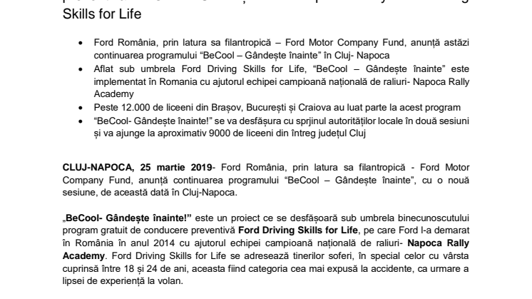 Ford România lansează în liceele clujene programul de conducere preventiva “BeCool – Gândește înainte” powered by Ford Driving Skills for Life