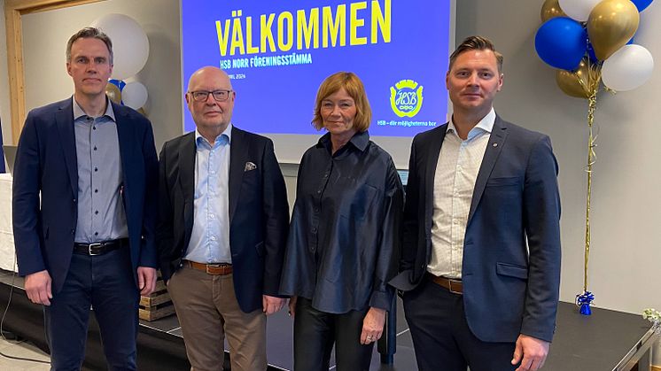 Håkan Nordin ny ledamot, Thomas Björk styrelseordförande, Erica Lundgren vice styrelseordförande och Mattias Lundström vd HSB Norr