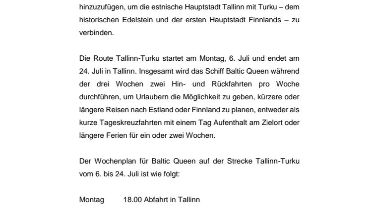 Tallink startet im Juli für drei Wochen eine temporäre Route zwischen Tallinn und Turku