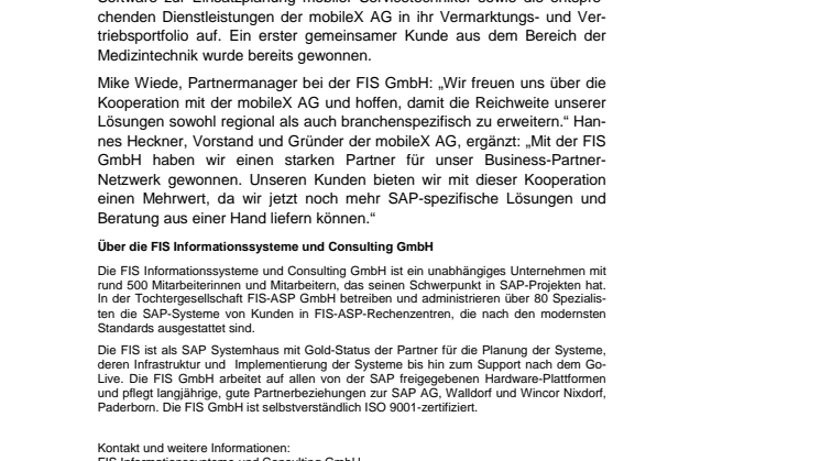 FIS erweitert Portfolio mobiler Lösungen durch Partnerschaft mit mobileX 