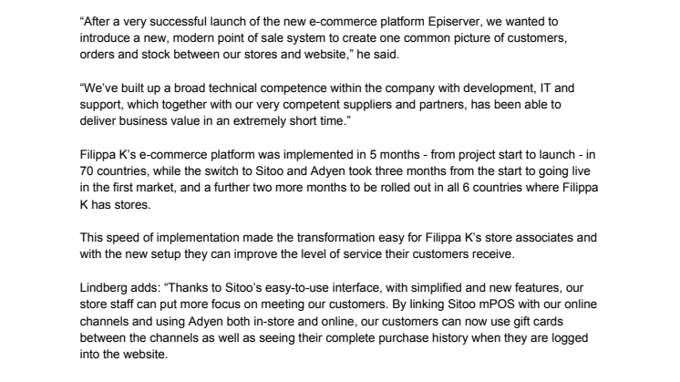 Sitoo and Adyen team up to accelerate Filippa K's in-store digital transformation