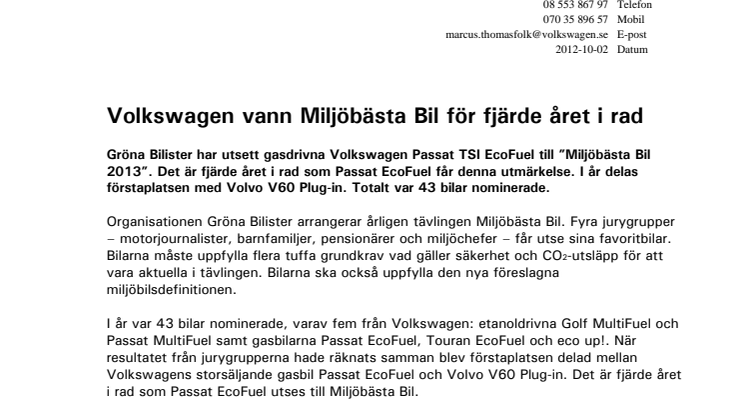 Volkswagen vann Miljöbästa Bil för fjärde året i rad