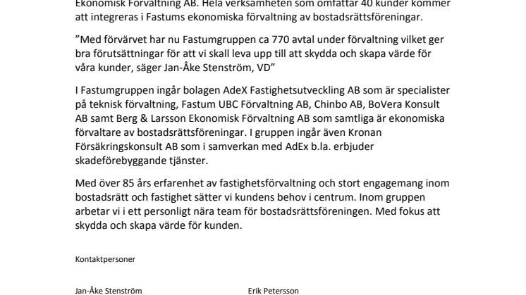 Fastumgruppen växer med förvärvet av Berg & Larsson Ekonomisk Förvaltning AB