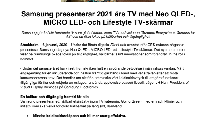 Samsung presenterar 2021 års TV med Neo QLED-, MICRO LED- och Lifestyle TV-skärmar