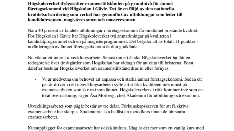 Högskoleverket ifrågasätter examenstillståndet för företagsekonomi 