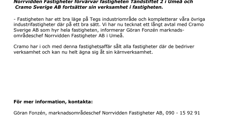 Norrvidden förvärvar fastighet på Teg industriområde i Umeå