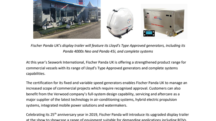 Fischer Panda UK Strengthens Product Range for Commercial Vessels with Lloyd’s Type Approved Generators 