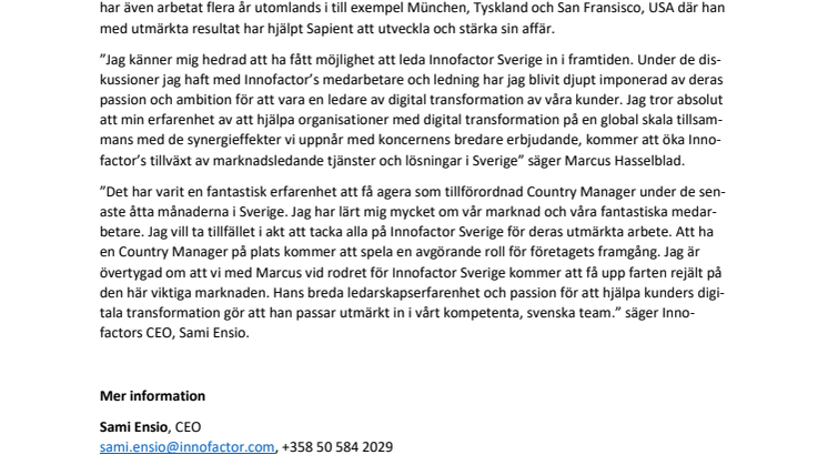 Marcus Hasselblad utsedd till Country Manager för Innofactor Sverige