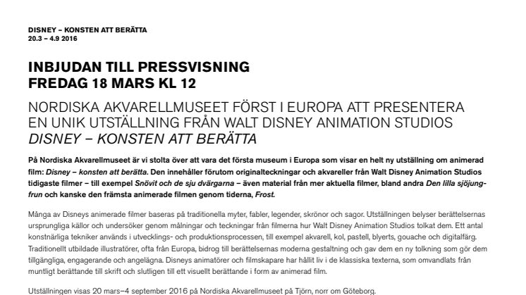 Inbjudan till pressvisning Disney - konsten att berätta på Nordiska Akvarellmuseet