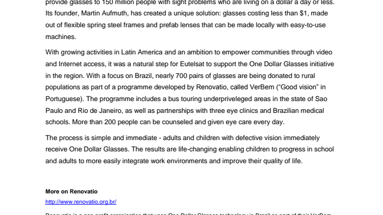 Eutelsat supports the "One Dollar Glasses” project in Brazil