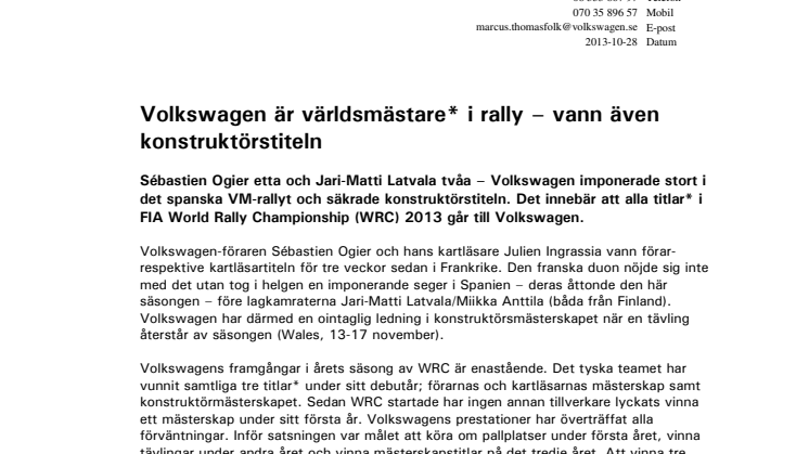 Volkswagen är världsmästare i rally – vann även konstruktörstiteln