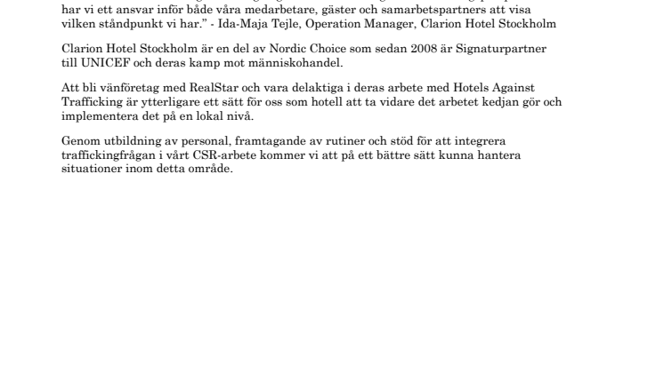 Clarion Hotel Stockholm och Hotels Against Trafficking
