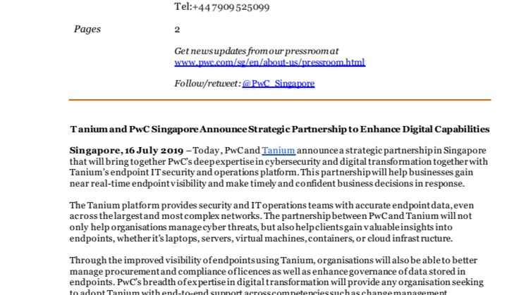 Tanium and PwC Singapore Announce Strategic Partnership to Enhance Digital Capabilities